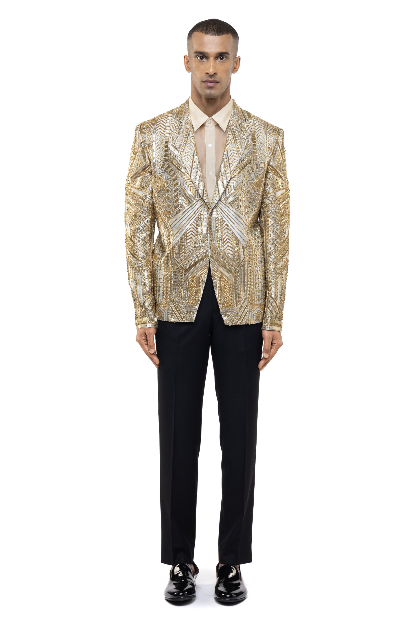 Golden Silk Embroidered Art Deco Tuxedo Set