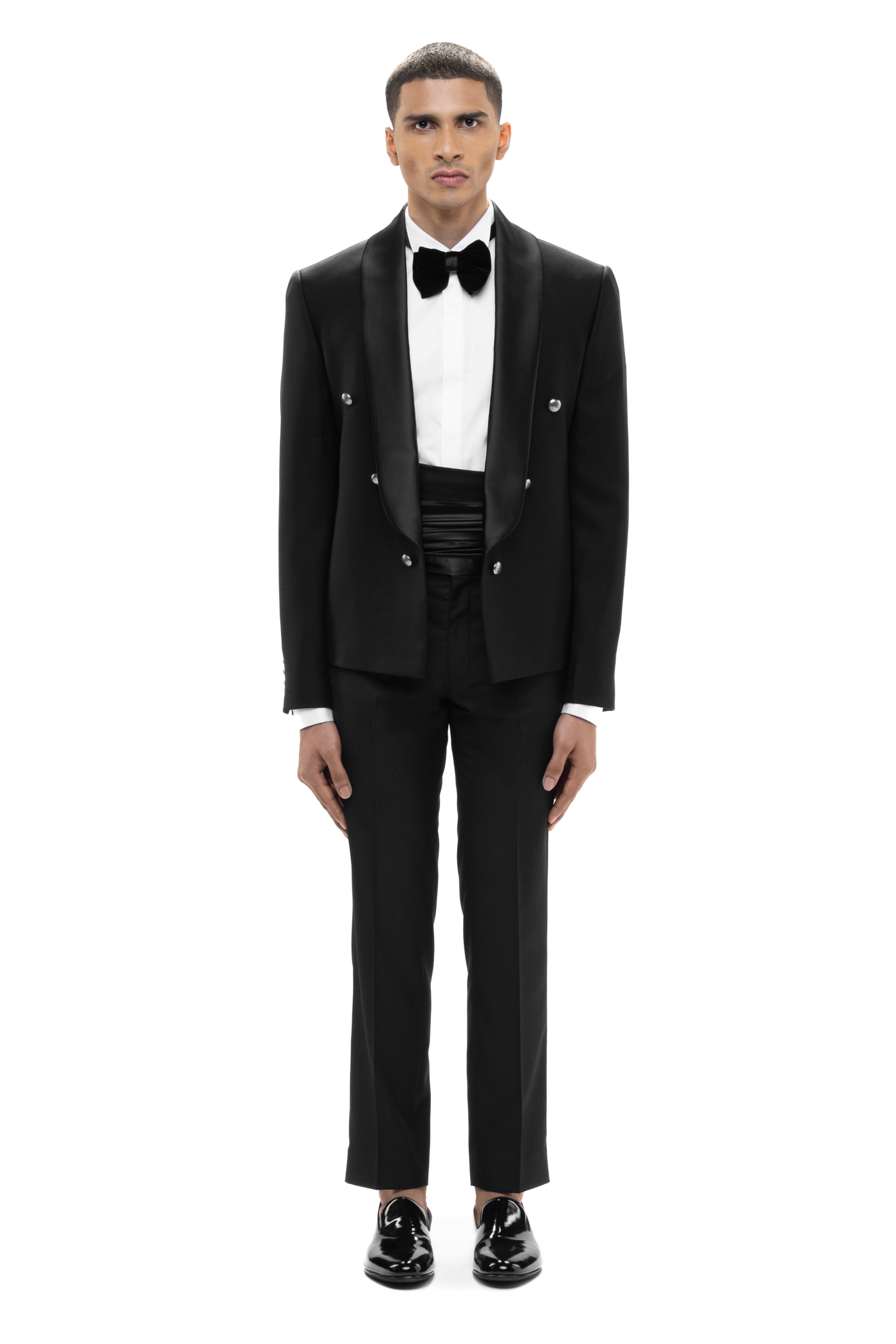 Black Worsted Wool Metallic Buttons Open Shawl Lapel Tuxedo