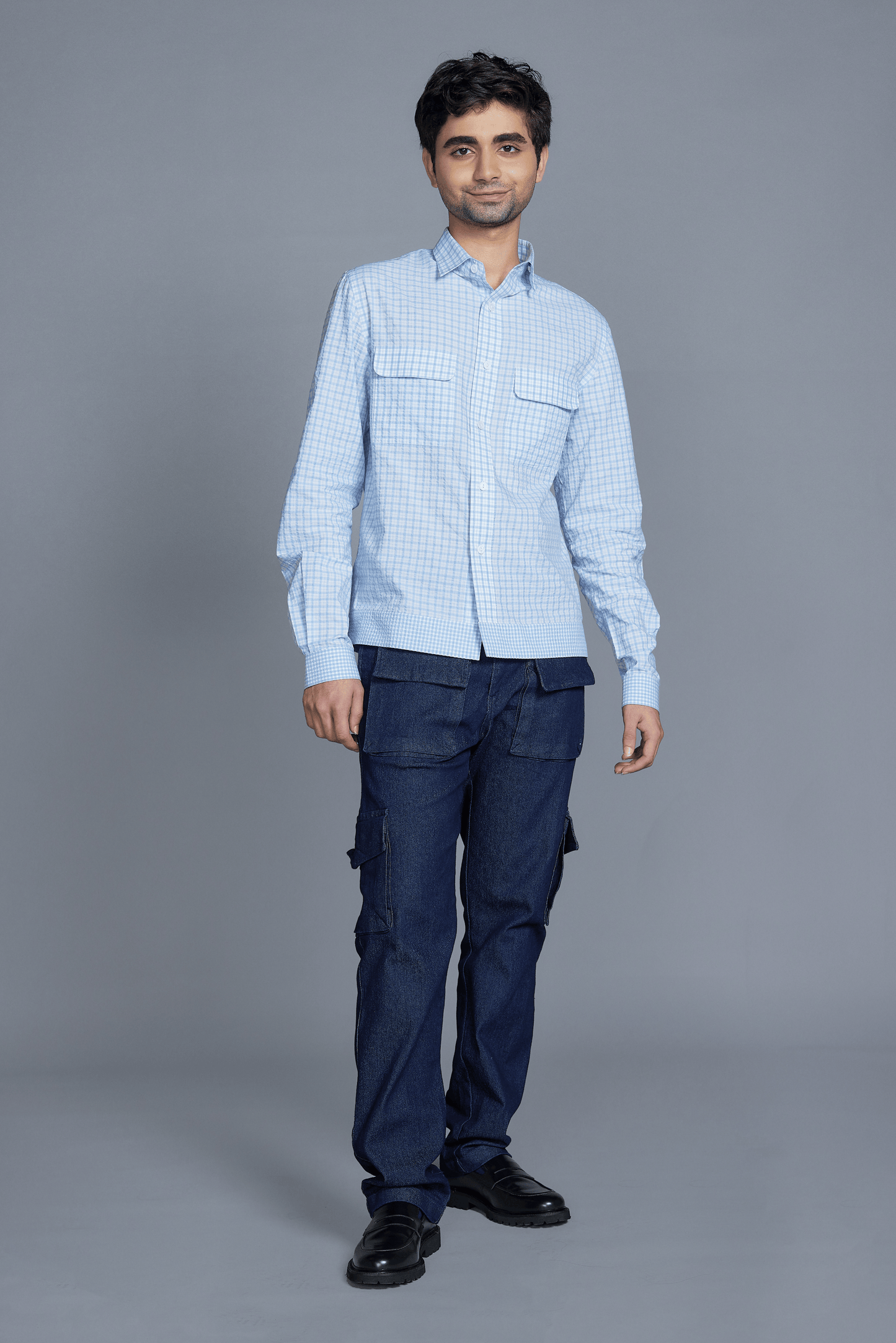 White & Light Blue Cotton Checkered Shirt