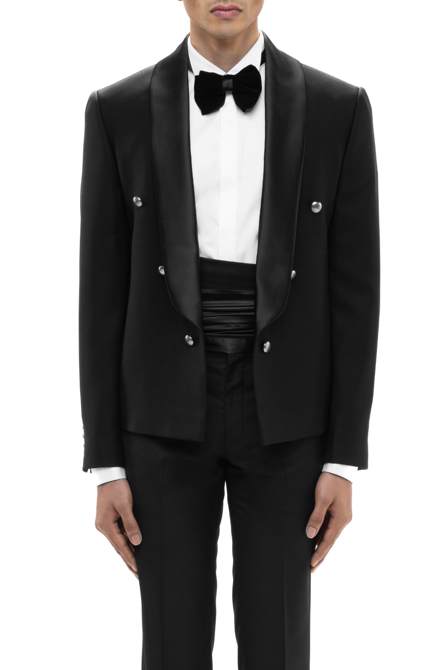 Black Worsted Wool Metallic Buttons Open Shawl Lapel Tuxedo
