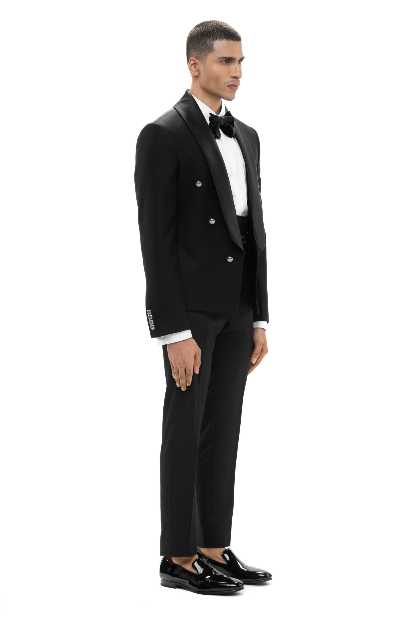Black Worsted Wool Metallic Buttons Open Shawl Lapel Tuxedo