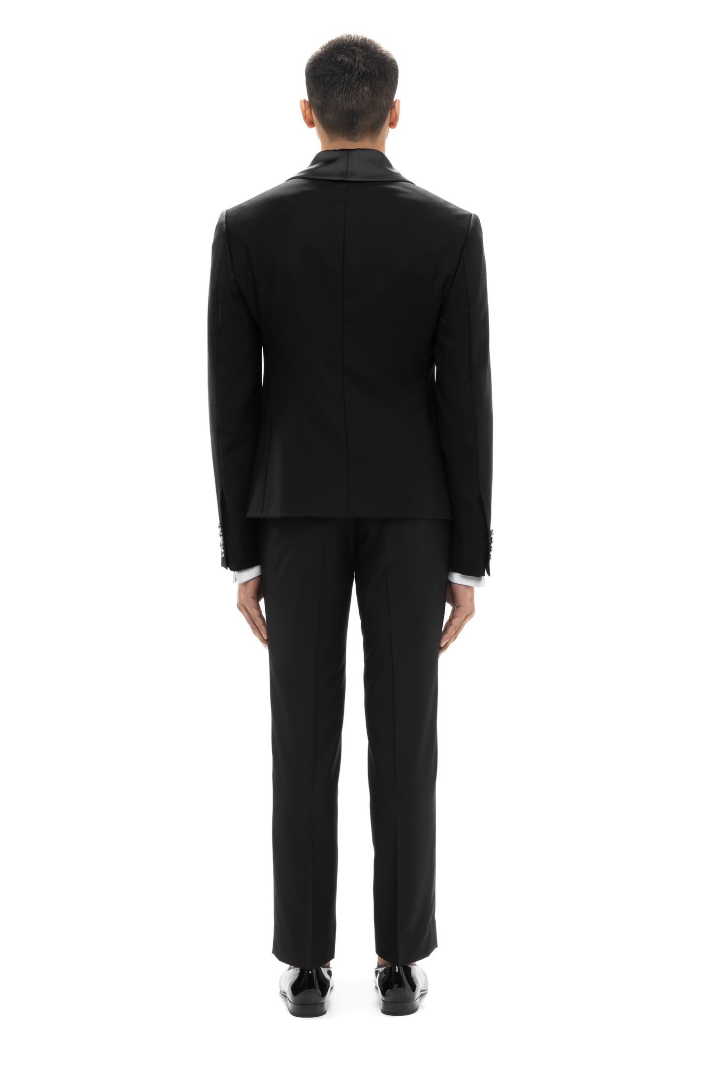Black Worsted Wool Metallic Buttons Open Shawl Lapel Tuxedo