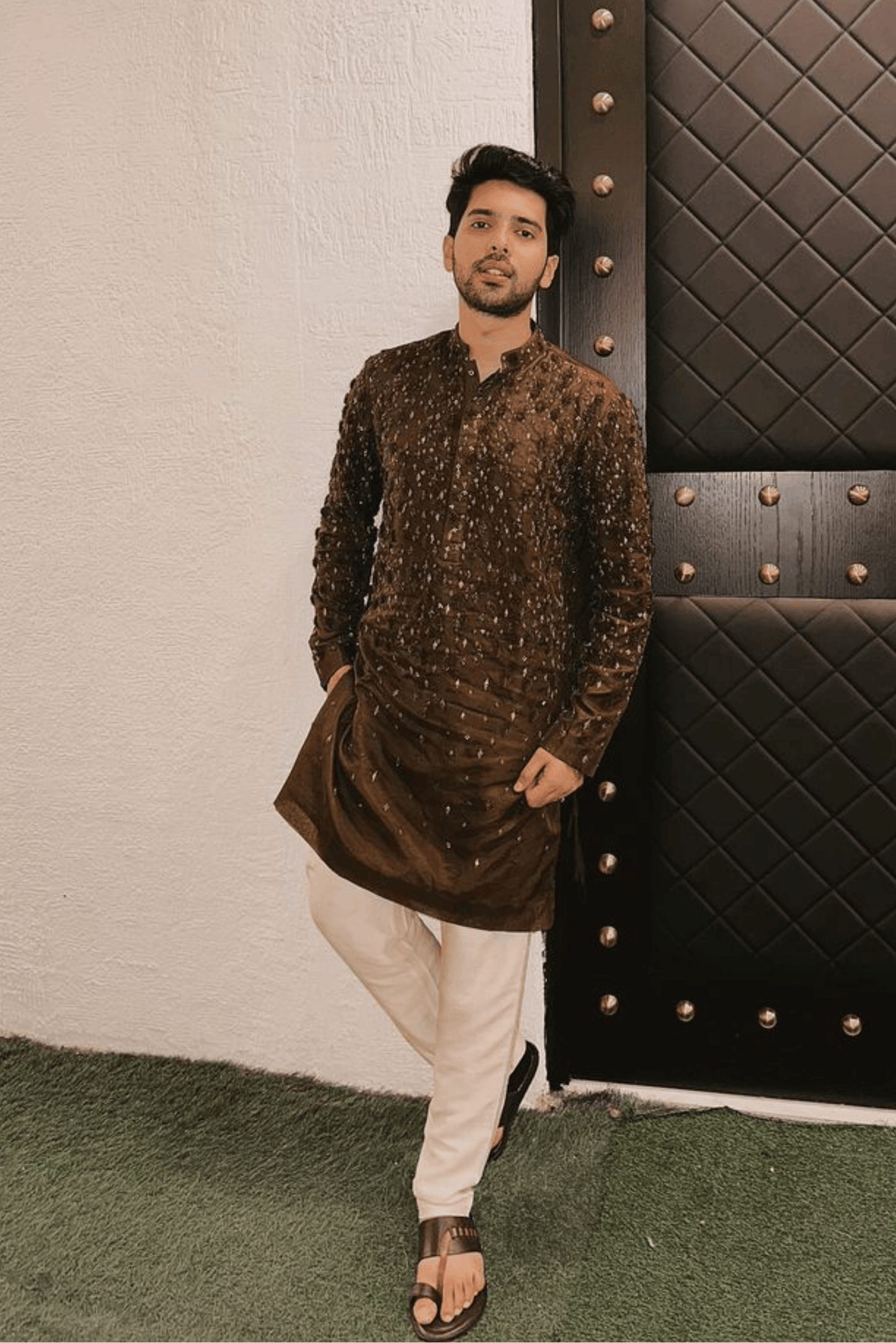 Brown Organza Applique Embroidered Kurta Set