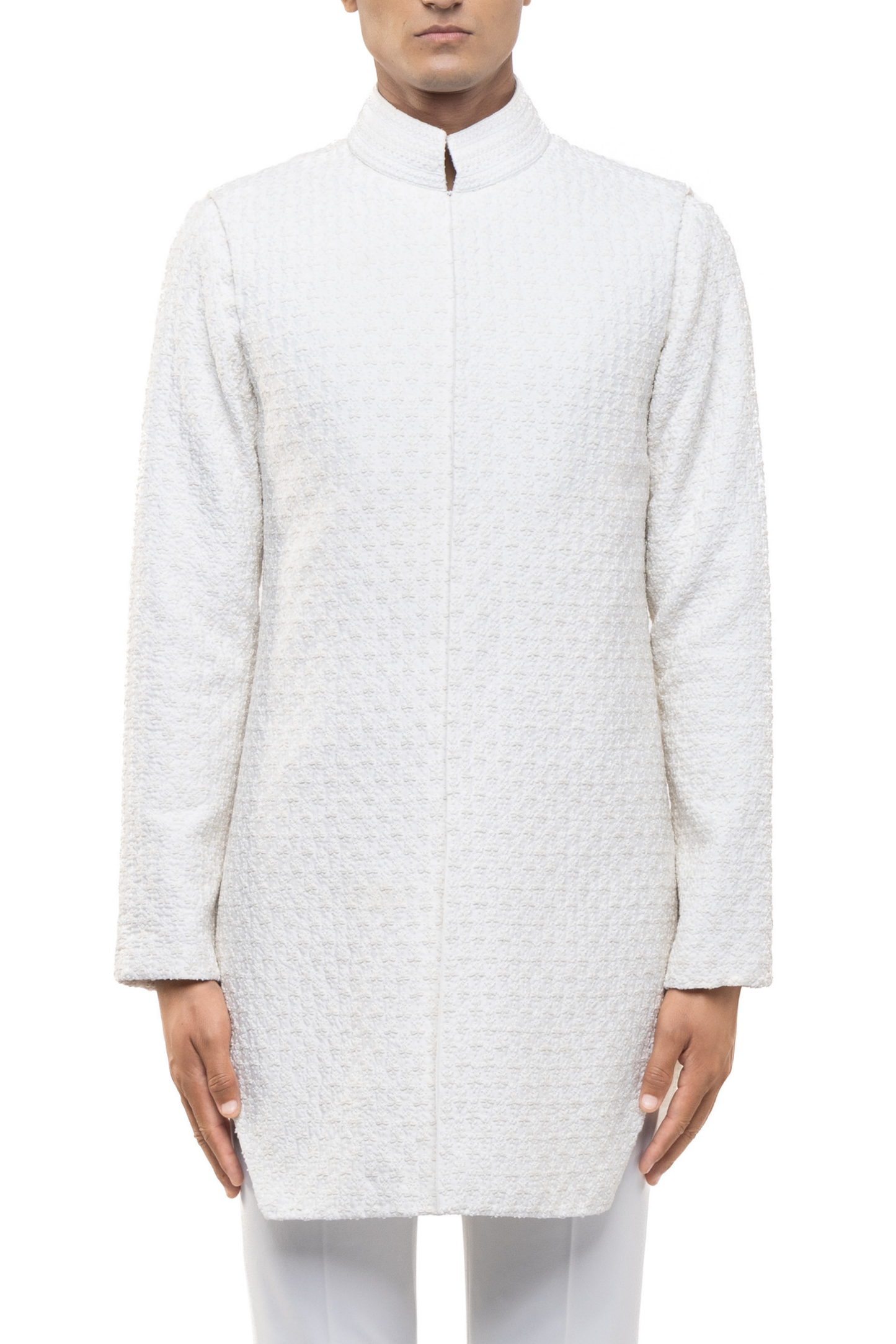 Ivory Silk Floral Embroidery Deconstructed Jacket & Achkan Set