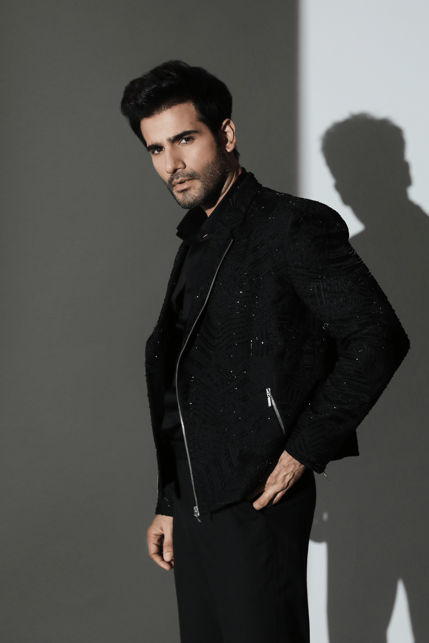 Black Silk Traditional Embroidery Biker Jacket