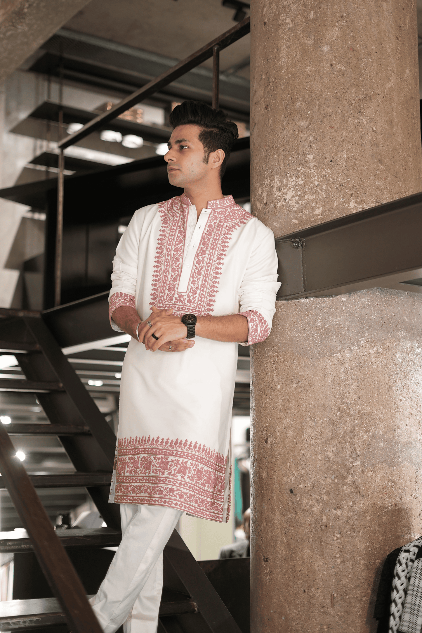 White & Pink Silk Dori Embroidery Kurta Set