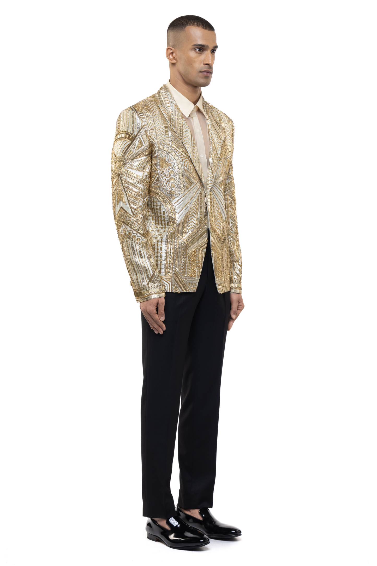 Golden Silk Embroidered Art Deco Tuxedo Set