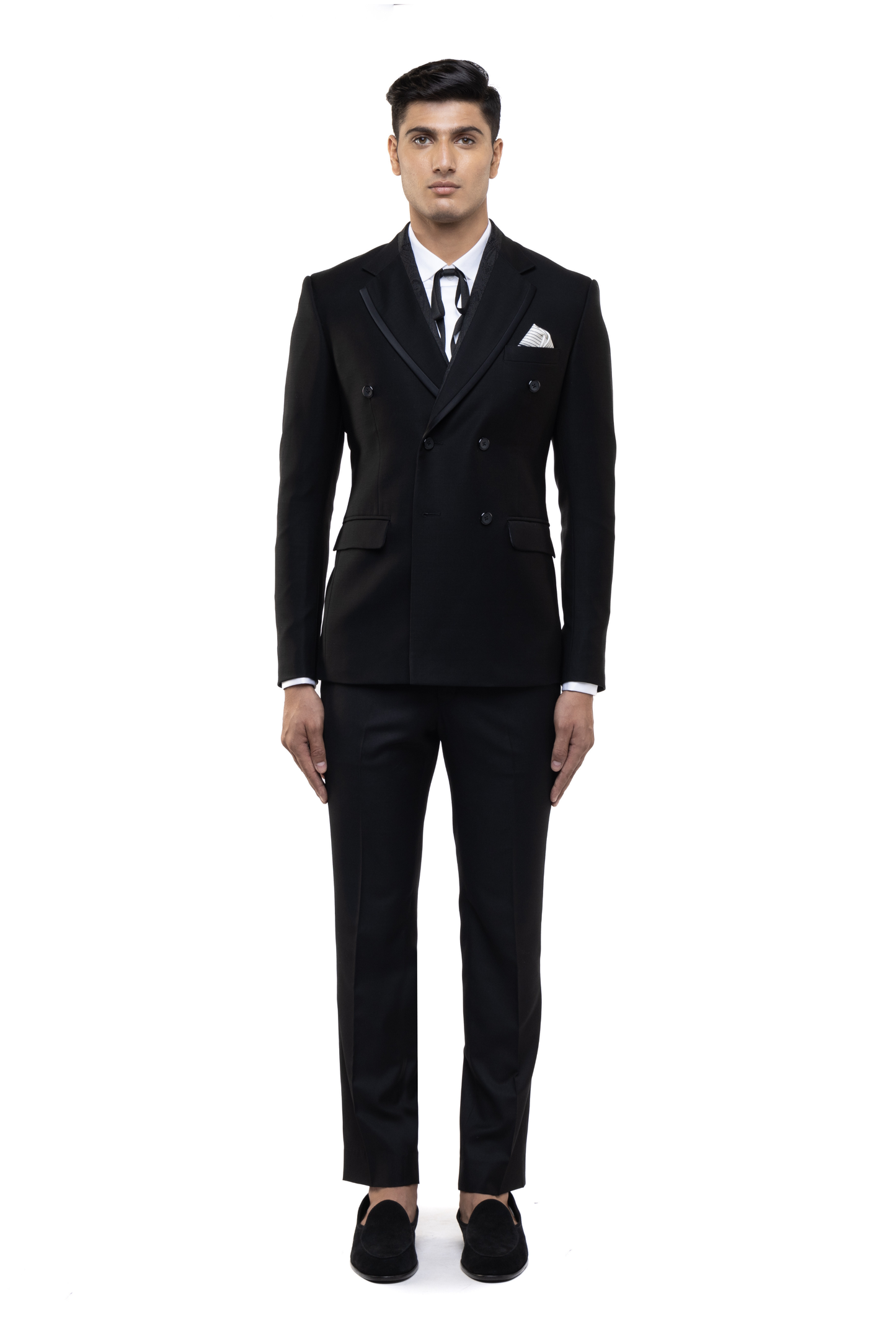 Black Worsted Wool Classic Peak Lapel Double Breasted Tuxedo Set
