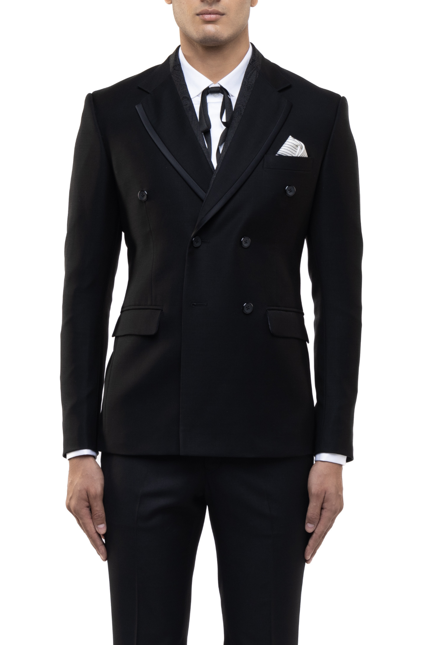 Black Worsted Wool Classic Peak Lapel Double Breasted Tuxedo Set
