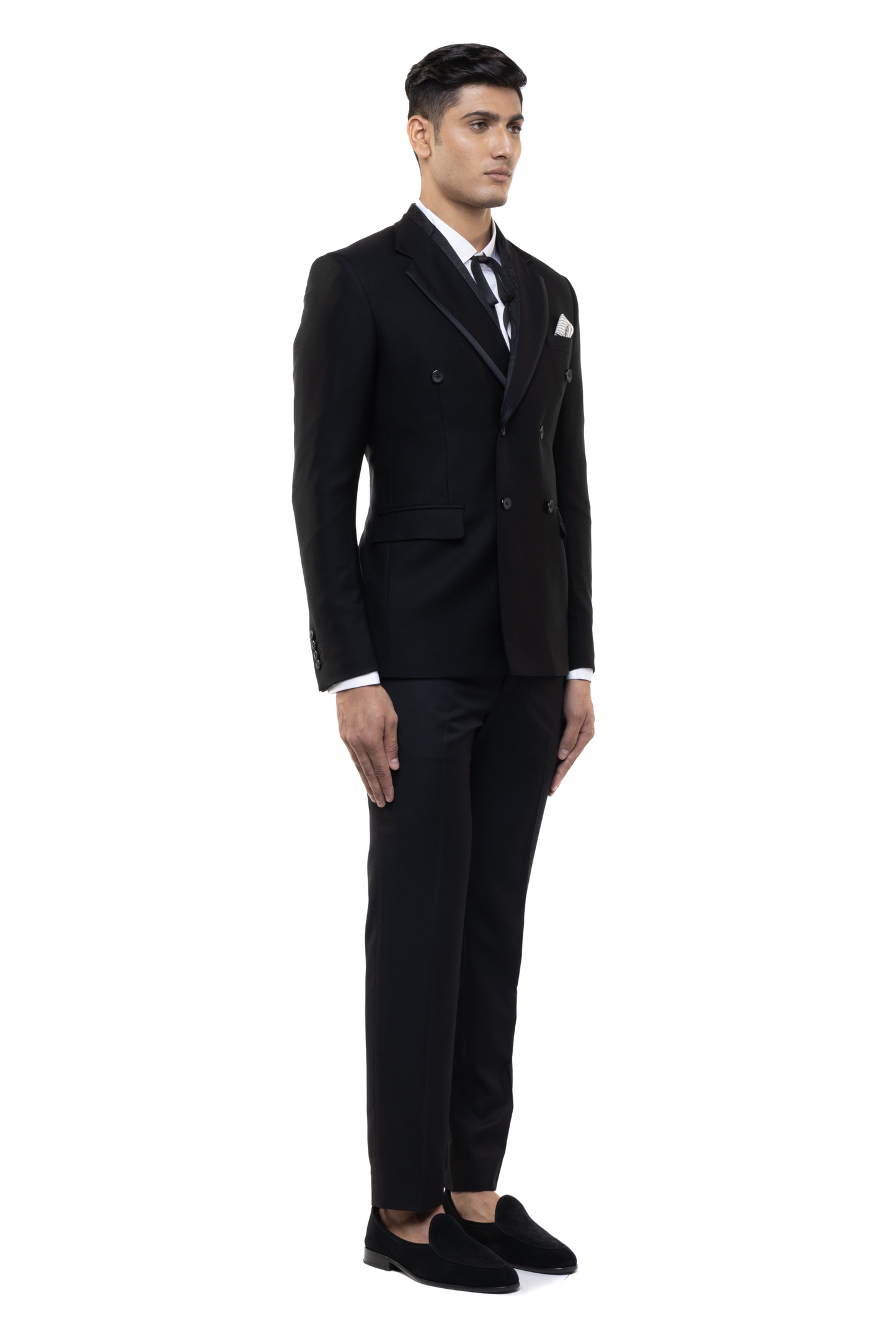 Black Worsted Wool Classic Peak Lapel Double Breasted Tuxedo Set