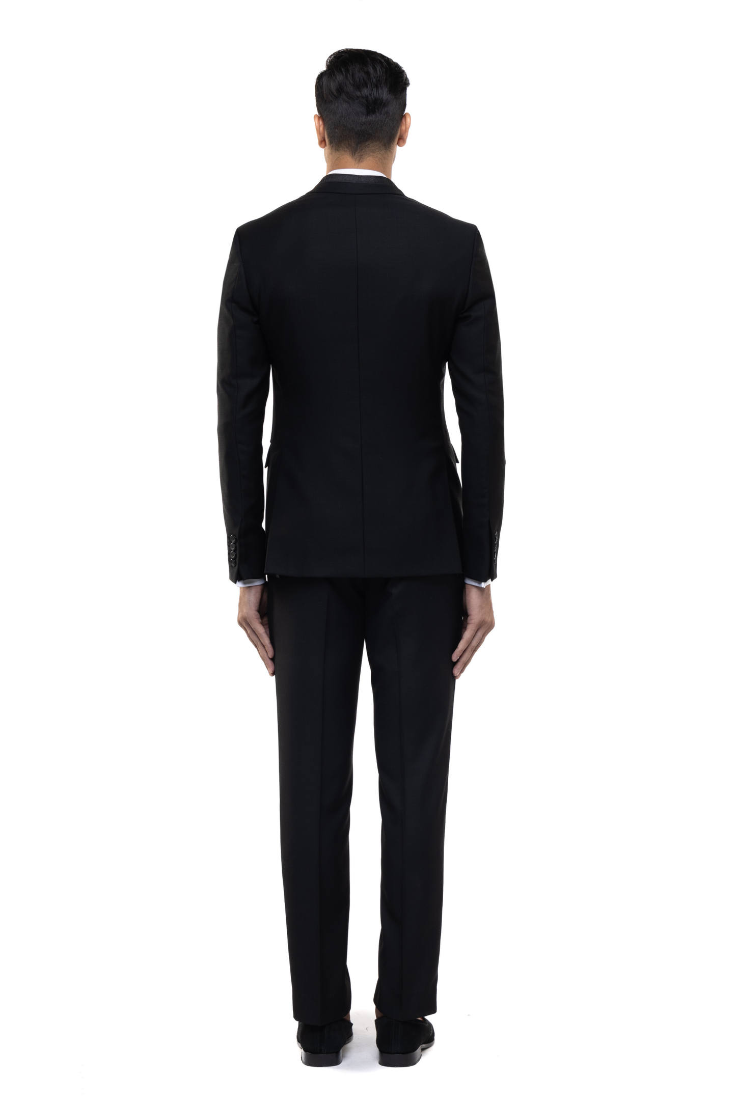 Black Worsted Wool Classic Peak Lapel Double Breasted Tuxedo Set