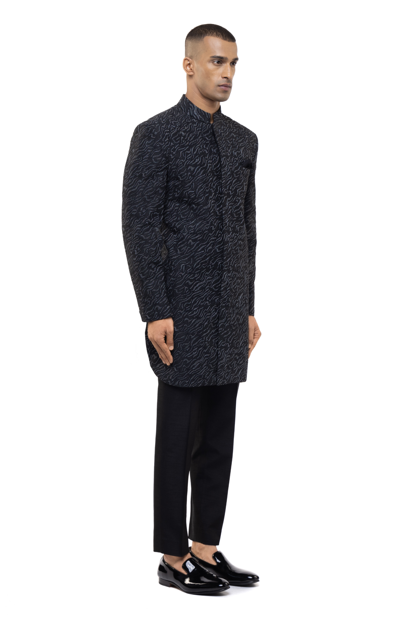 Black & Silver Silk Metallic Embroidery Sherwani Set