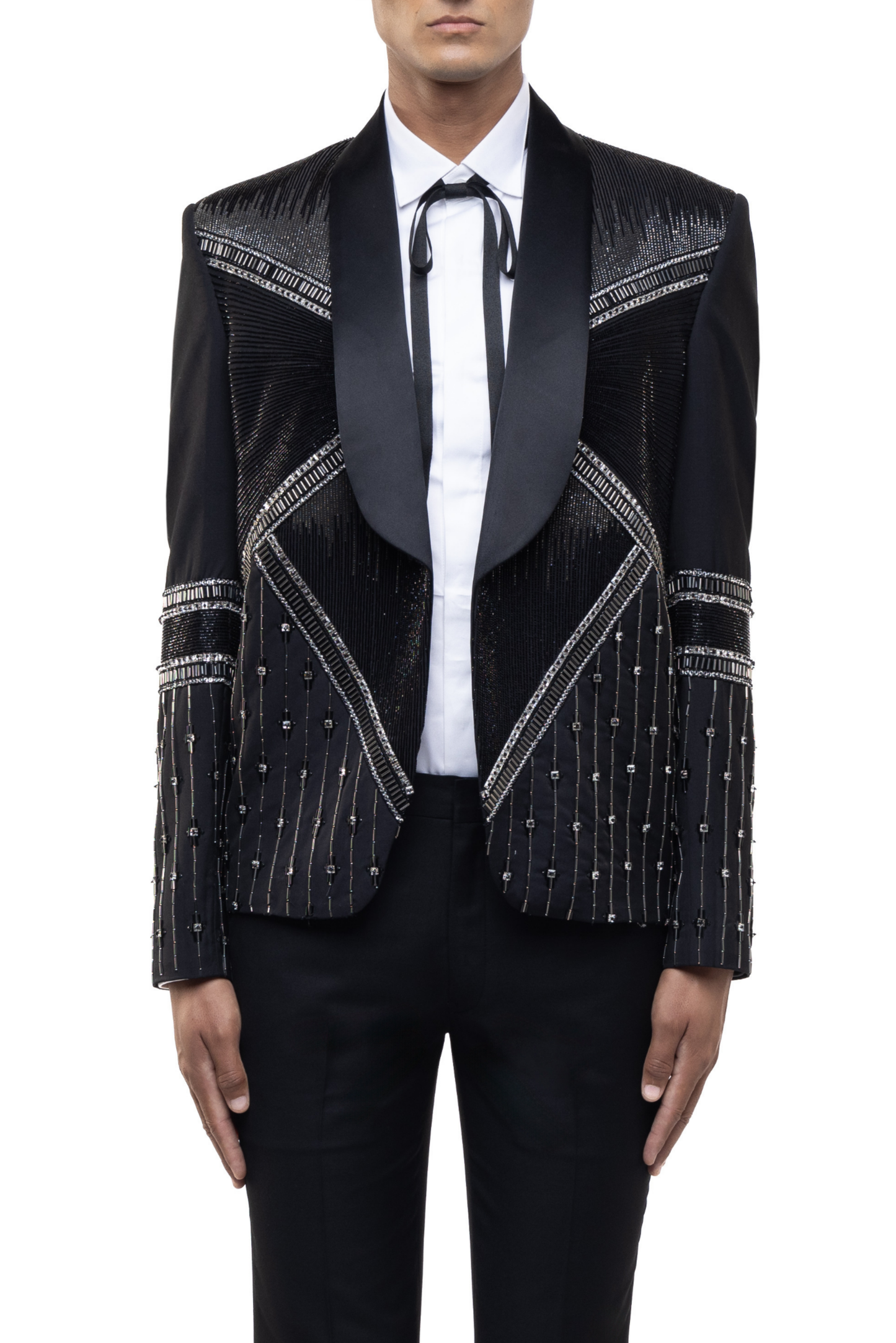 Black & Silver Worsted Wool Rhinestone Embellished Open Shawl Lapel Tuxedo Set