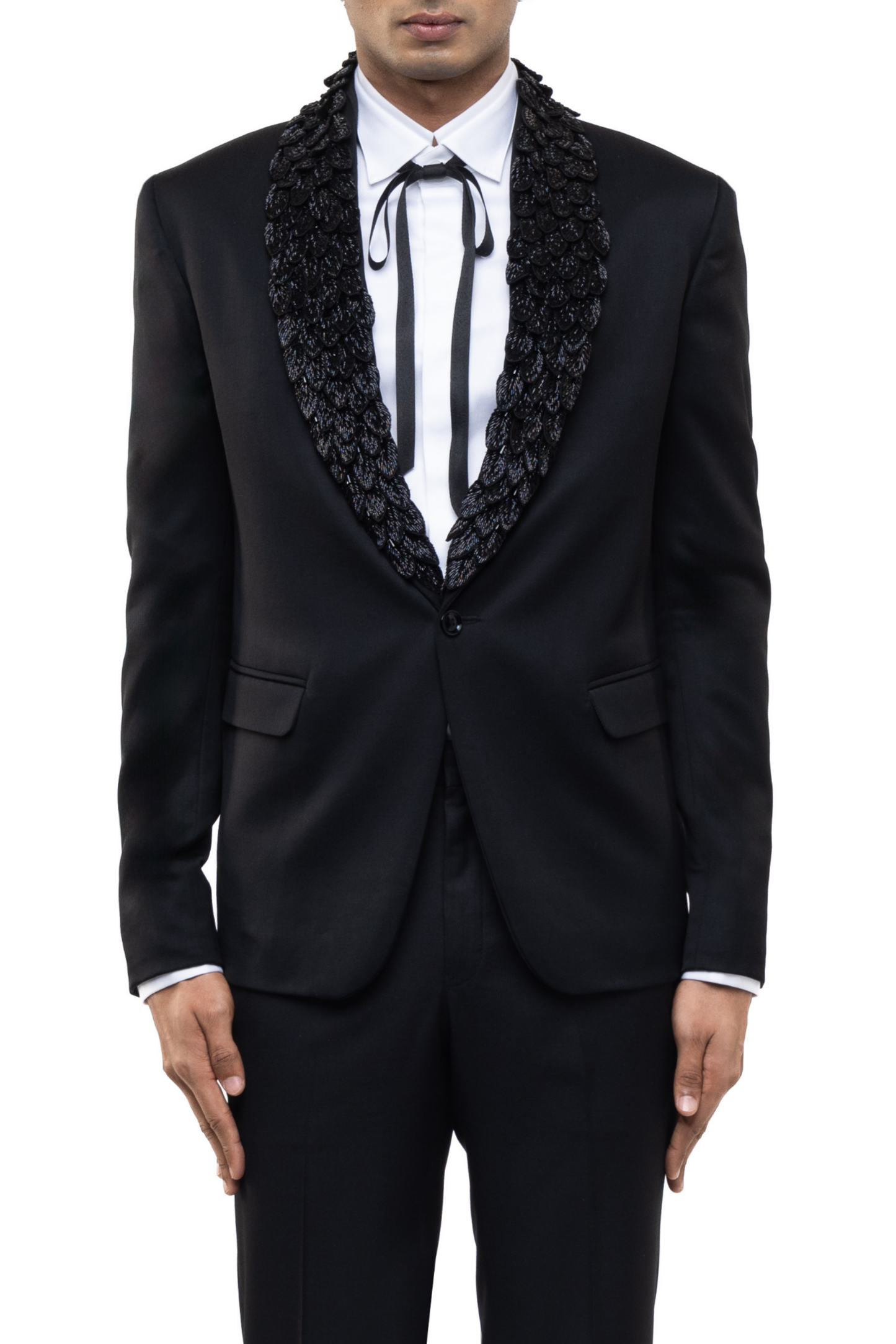 Black Worsted Wool Feather Lapel Embroidered Tuxedo Set