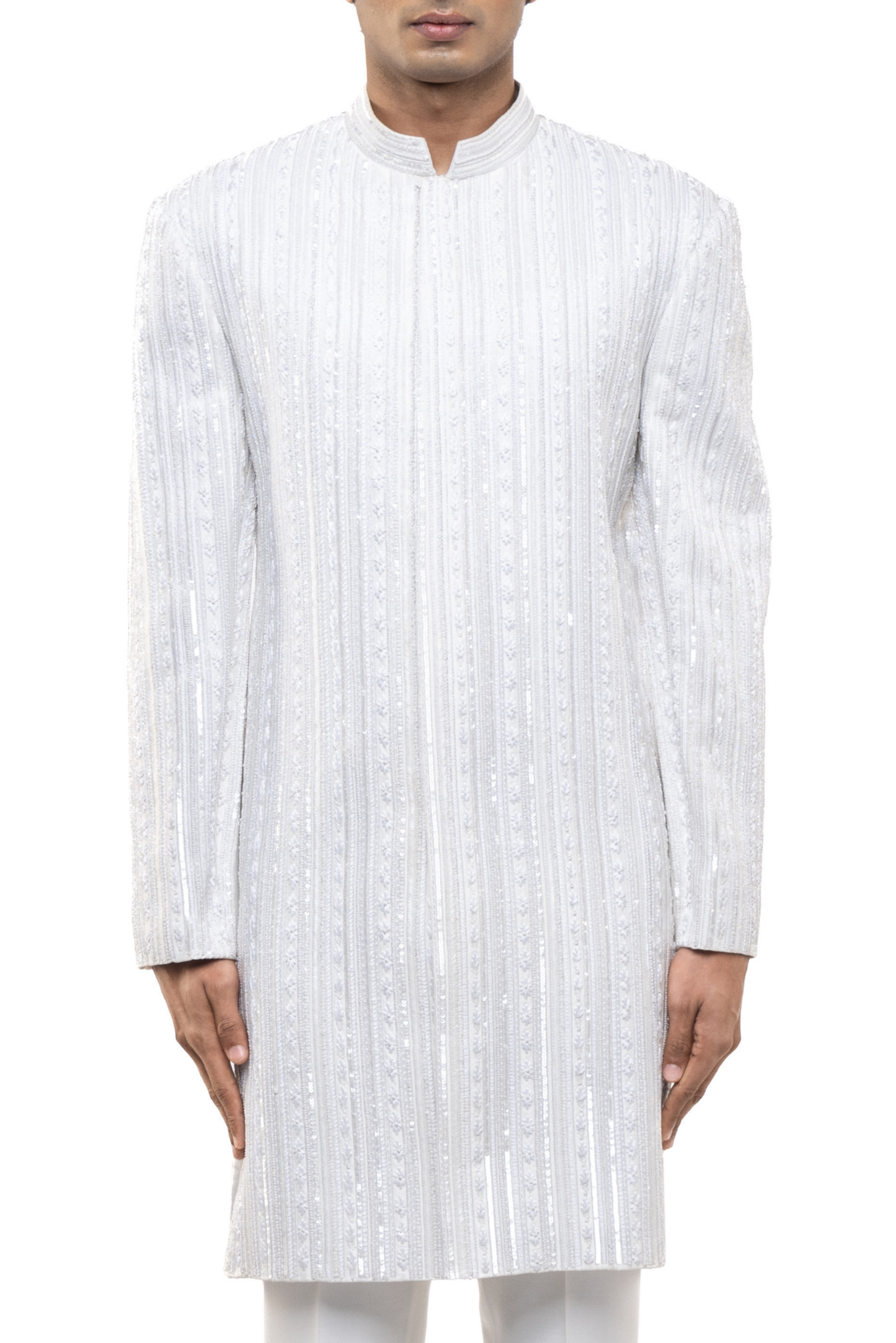 White Stitchline Embellished Sherwani Set Zoom Look