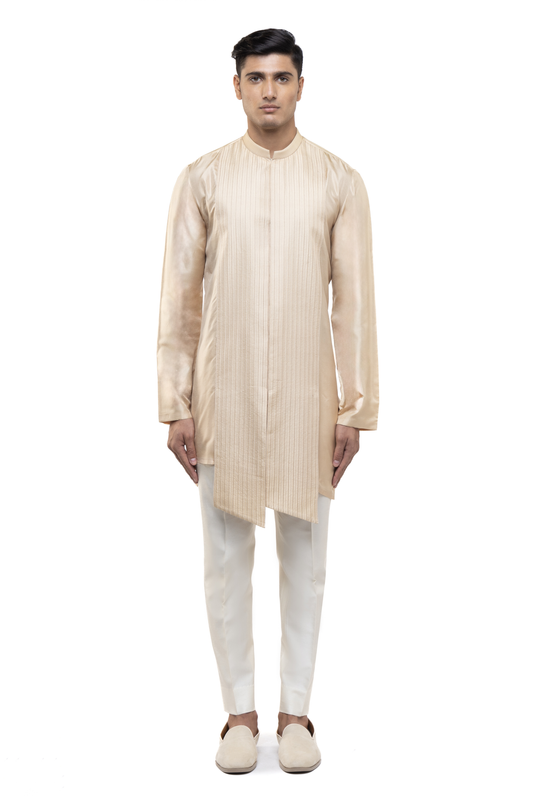 Beige Asymmetric Pleated Kurta Set