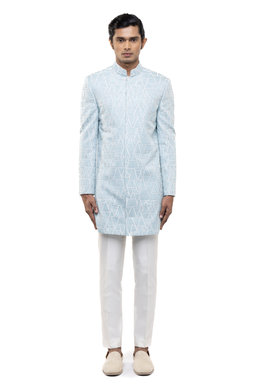 Light Blue Silk Geometric Thread Embroidered Sherwani Set