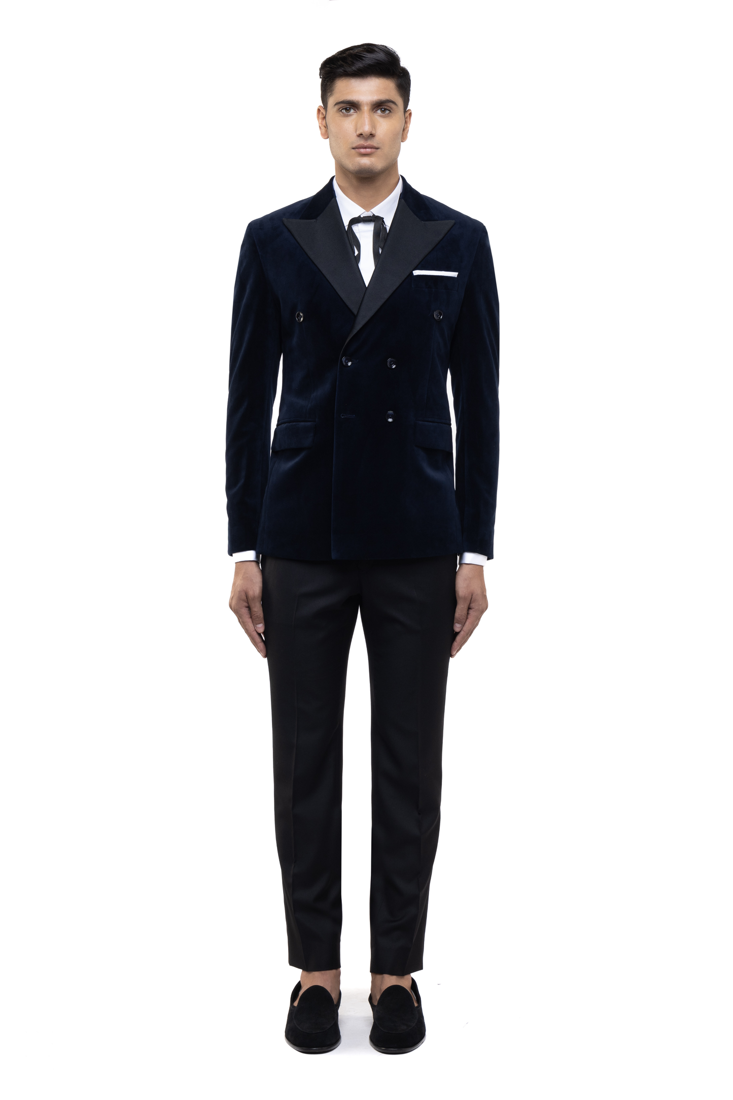 Navy Blue Peak Lapel Double Breasted Velvet Tuxedo