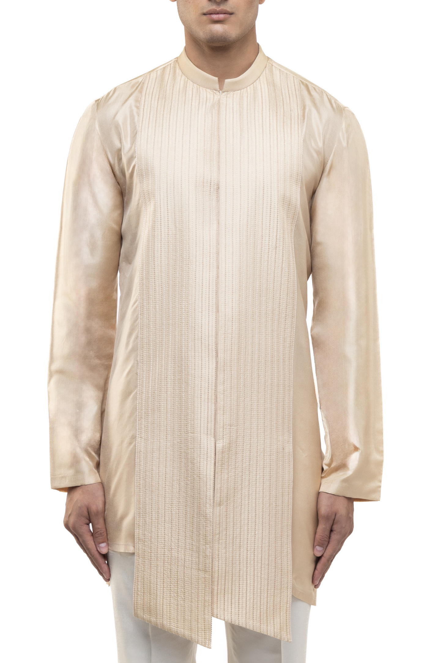 Beige Silk Asymmetric Pleated Kurta Set