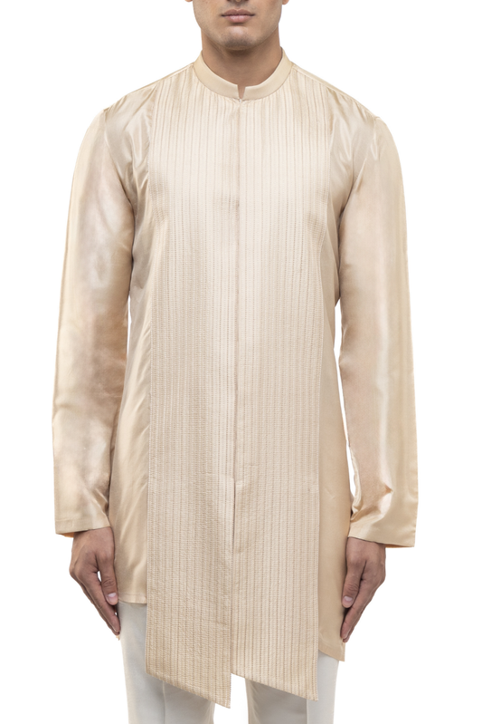 Beige Asymmetric Pleated Kurta Set