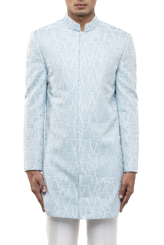 Light Blue Silk Geometric Thread Embroidered Sherwani Set