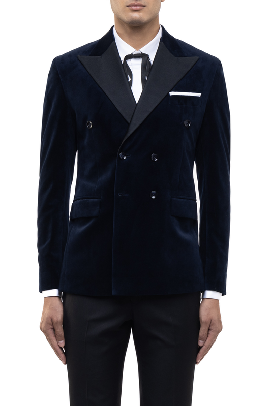 Navy Blue Peak Lapel Double Breasted Velvet Tuxedo