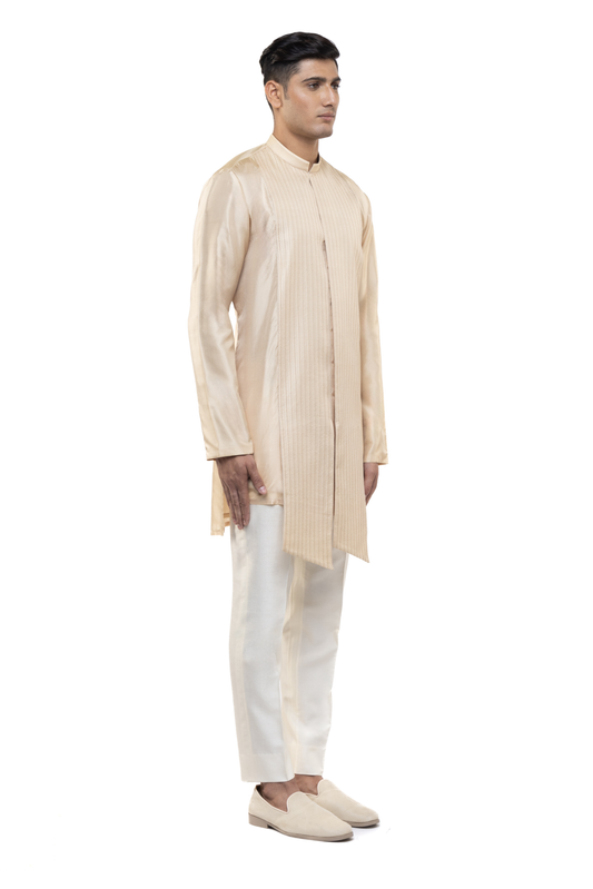 Beige Asymmetric Pleated Kurta Set