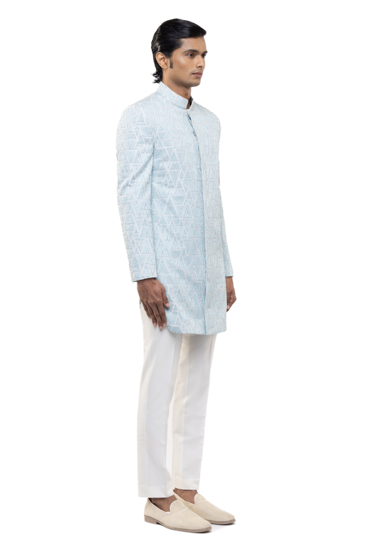 Light Blue Silk Geometric Thread Embroidered Sherwani Set