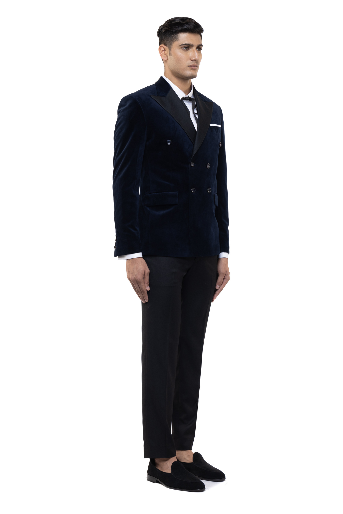 Navy Blue Peak Lapel Double Breasted Velvet Tuxedo