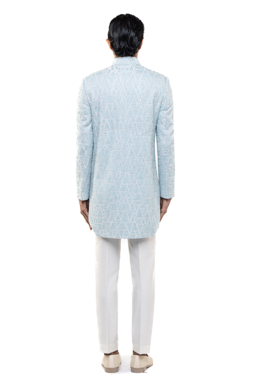 Light Blue Silk Geometric Thread Embroidered Sherwani Set