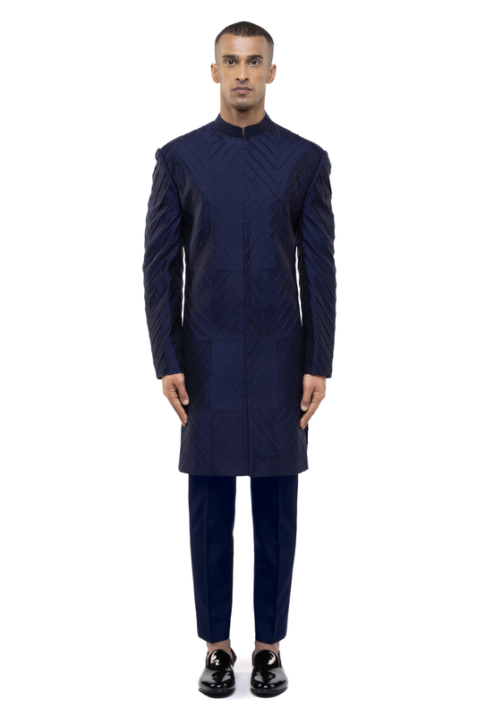 Navy Blue Silk Pleated Sherwani Set