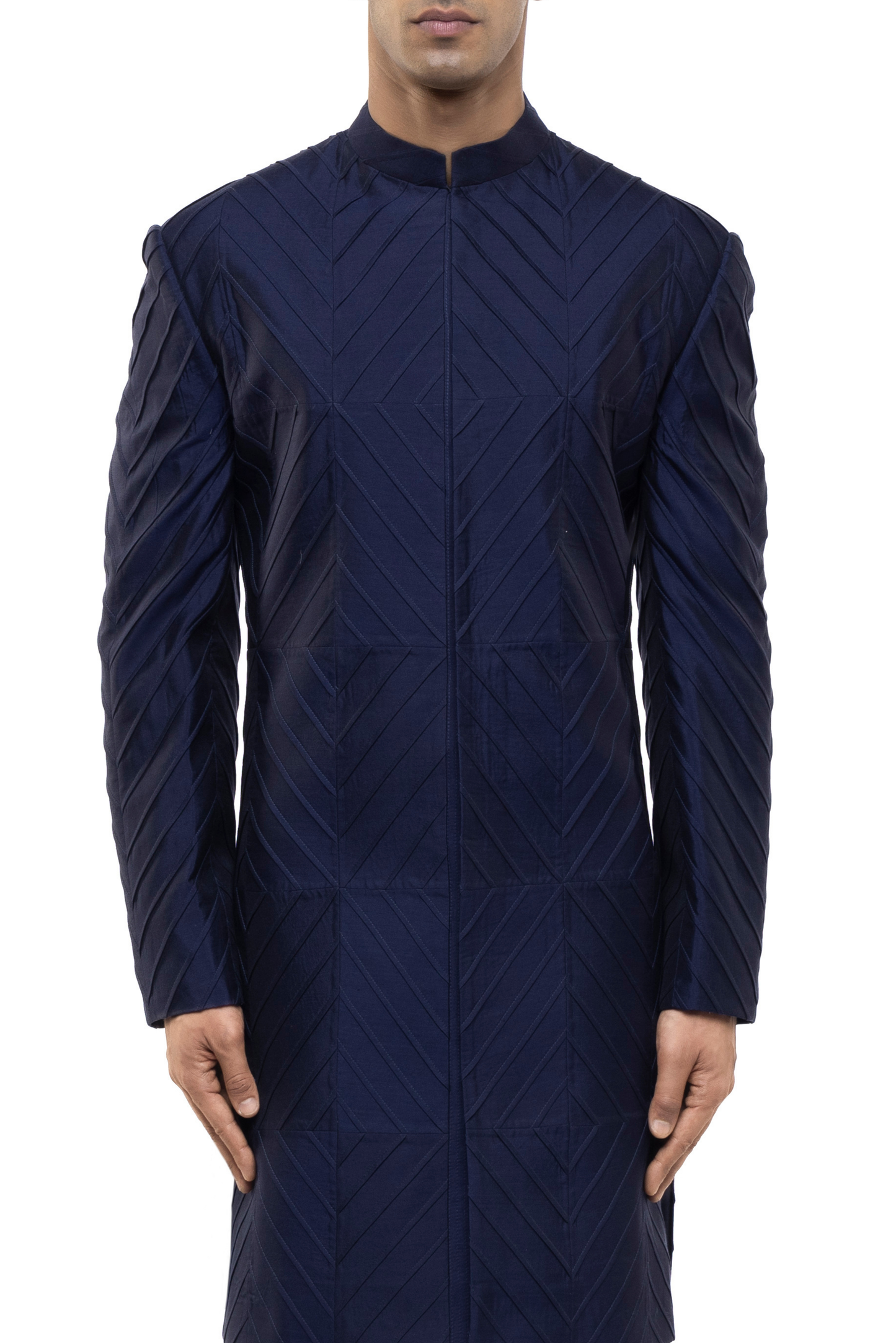 Navy Blue Silk Pleated Sherwani Set