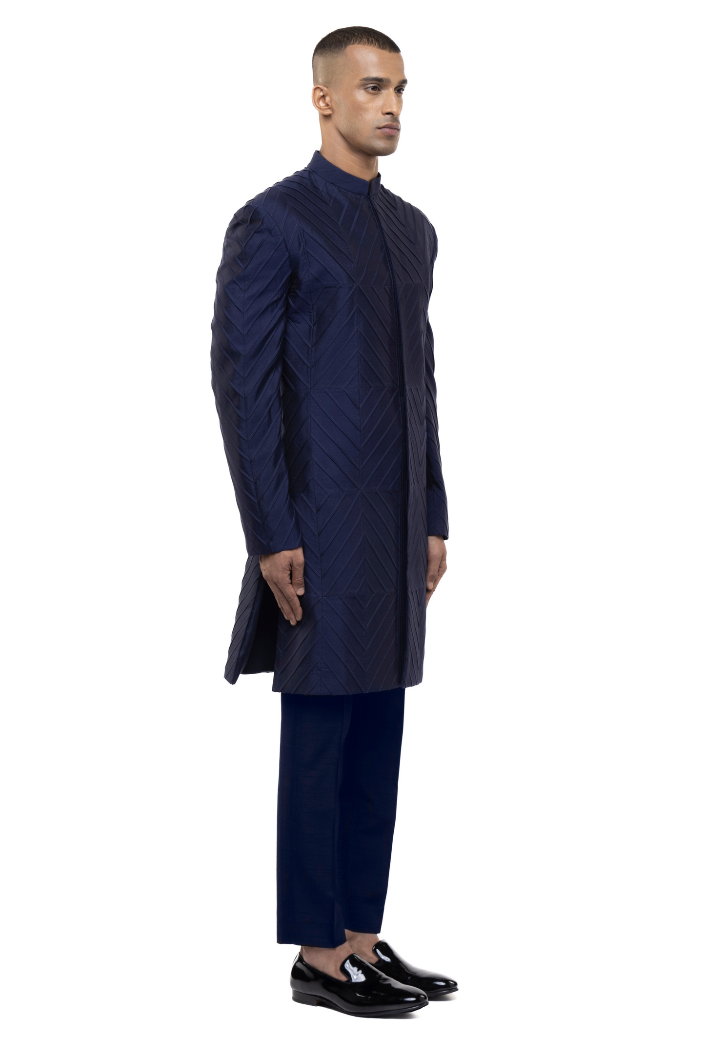 Navy Blue Silk Pleated Sherwani Set