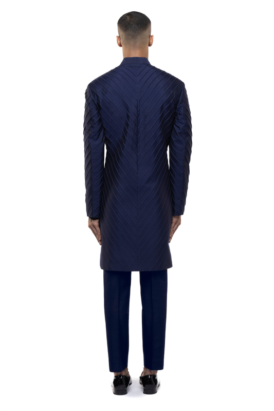 Navy Blue Silk Pleated Sherwani Set