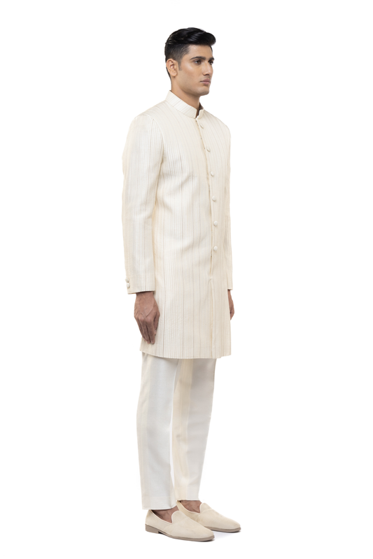 Off-White Silk Vertical Pleated Sherwani Set