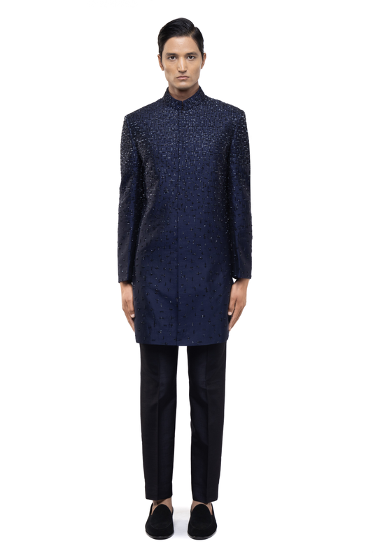 Navy Blue Silk Sequin Faded French Knot Embroidery Sherwani Set