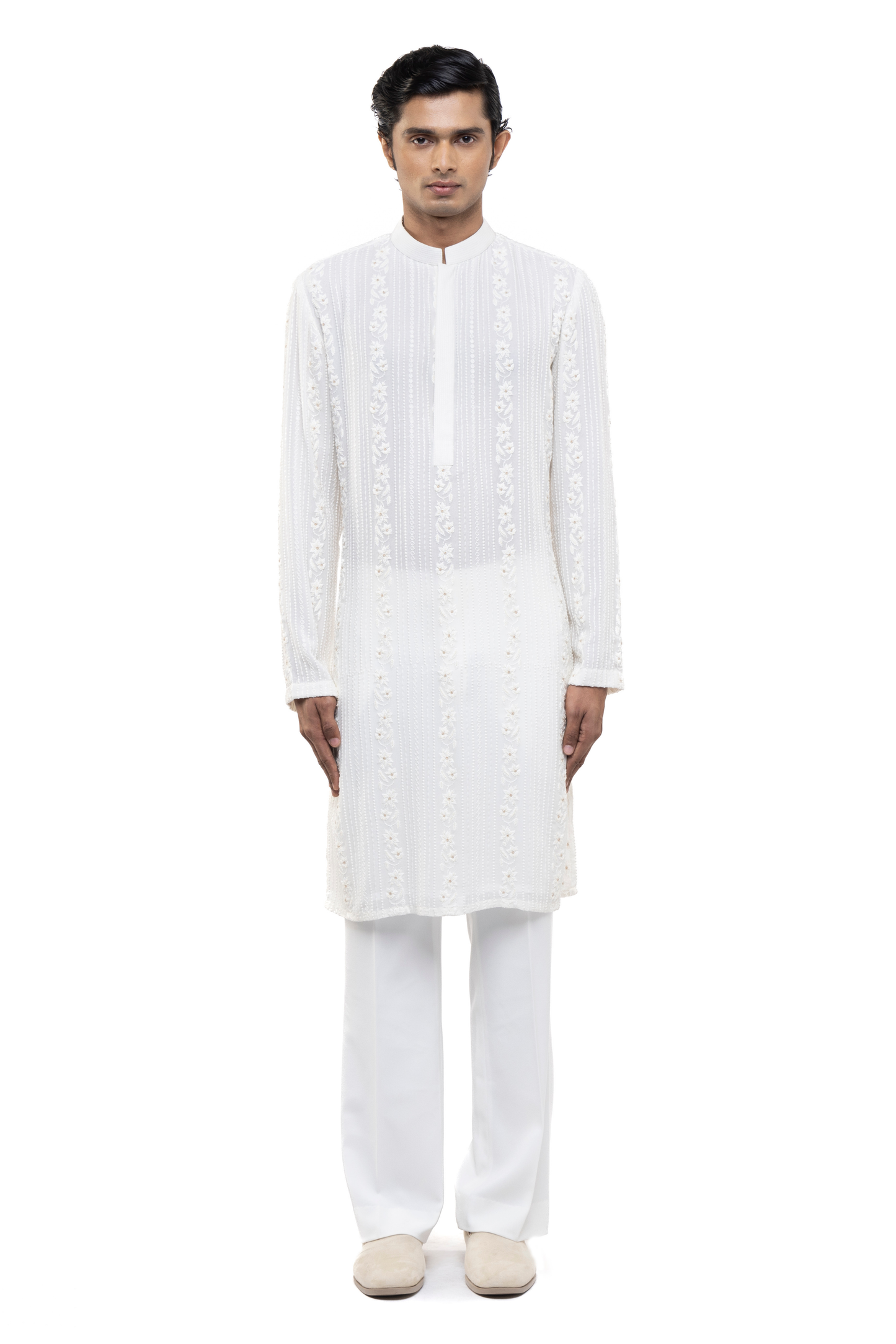 White Georgette Lucknowi Embroidery Kurta Set