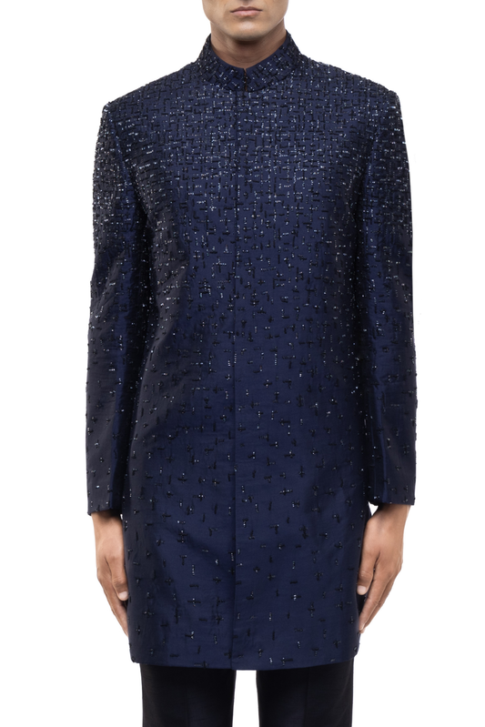 Navy Blue Silk Sequin Faded French Knot Embroidery Sherwani Set