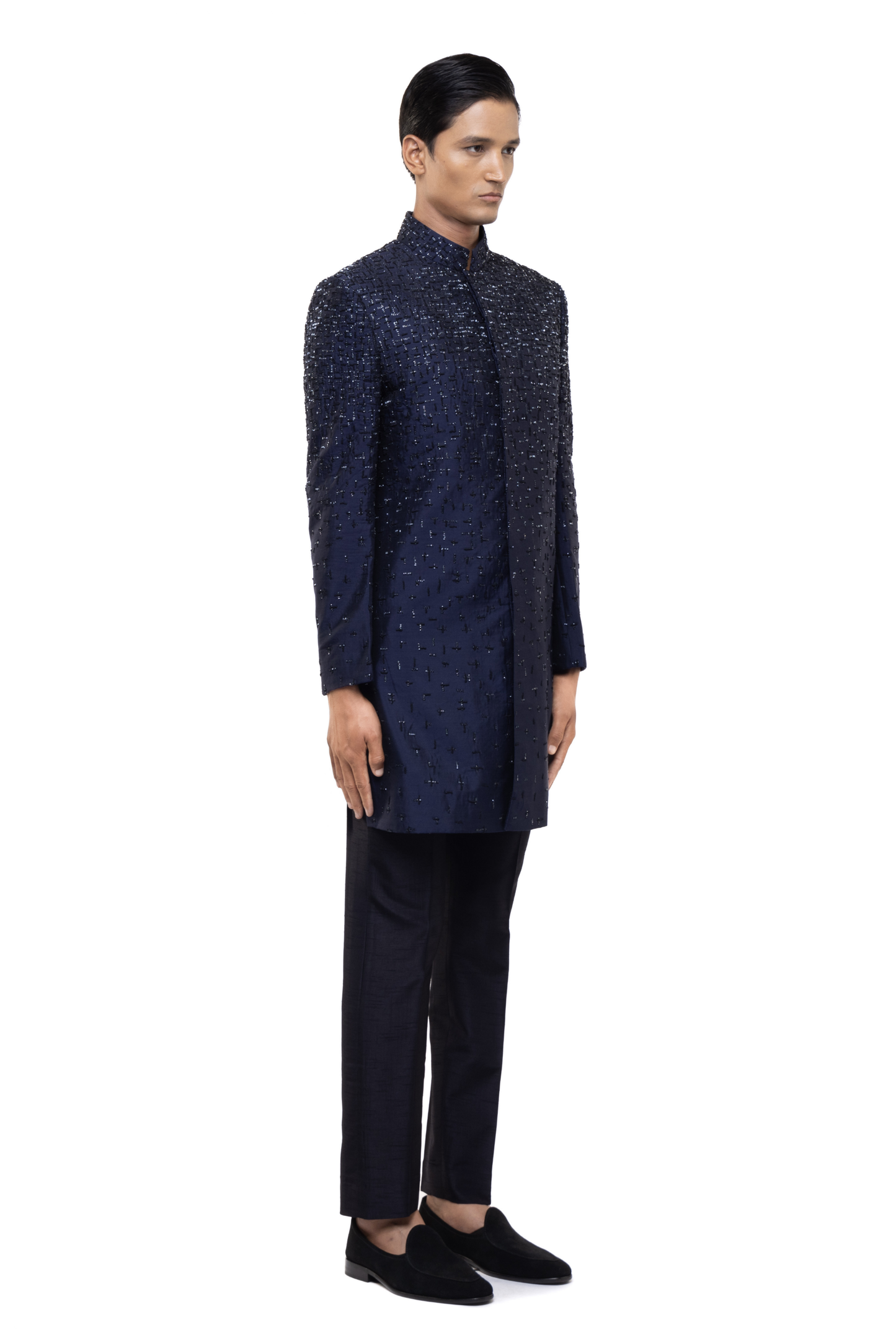 Navy Blue Silk Sequin Faded French Knot Embroidery Sherwani Set