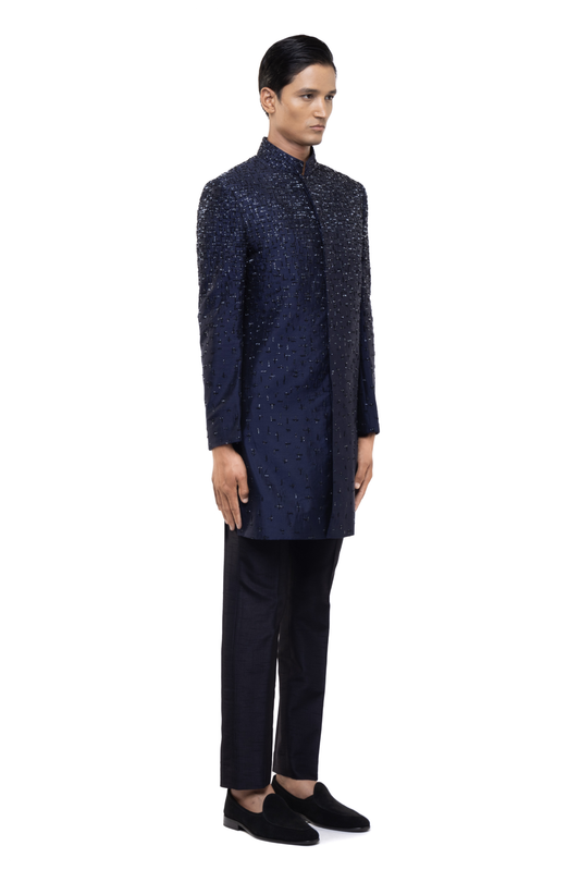 Navy Blue Silk Sequin Faded French Knot Embroidery Sherwani Set