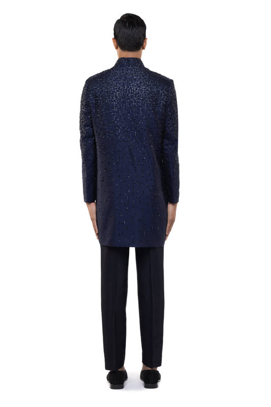 Navy Blue Silk Sequin Faded French Knot Embroidery Sherwani Set