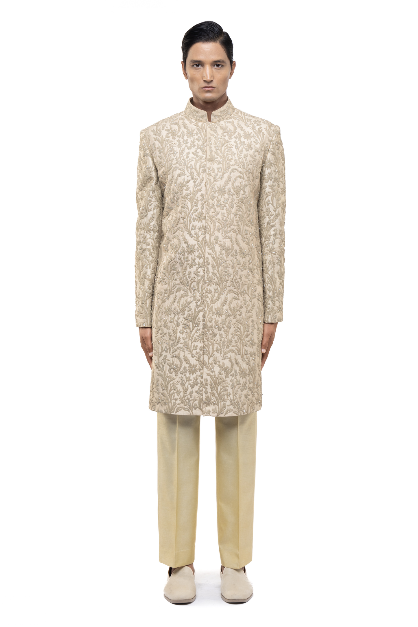 Beige Silk Floral Hand Embroidery Sherwani Set