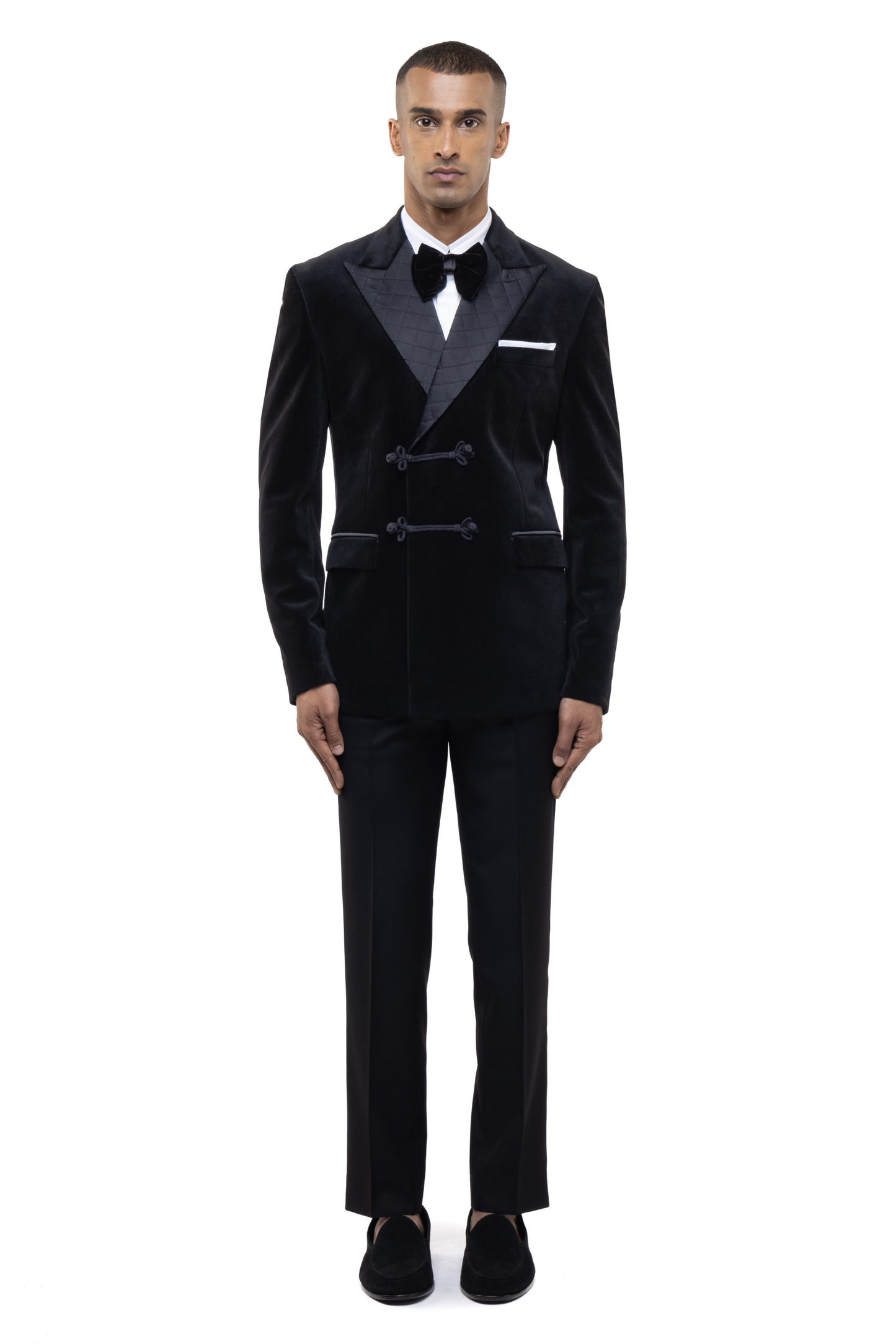 Black Velvet Peak Lapel Double Breasted Knot Closure Tuxedo Set