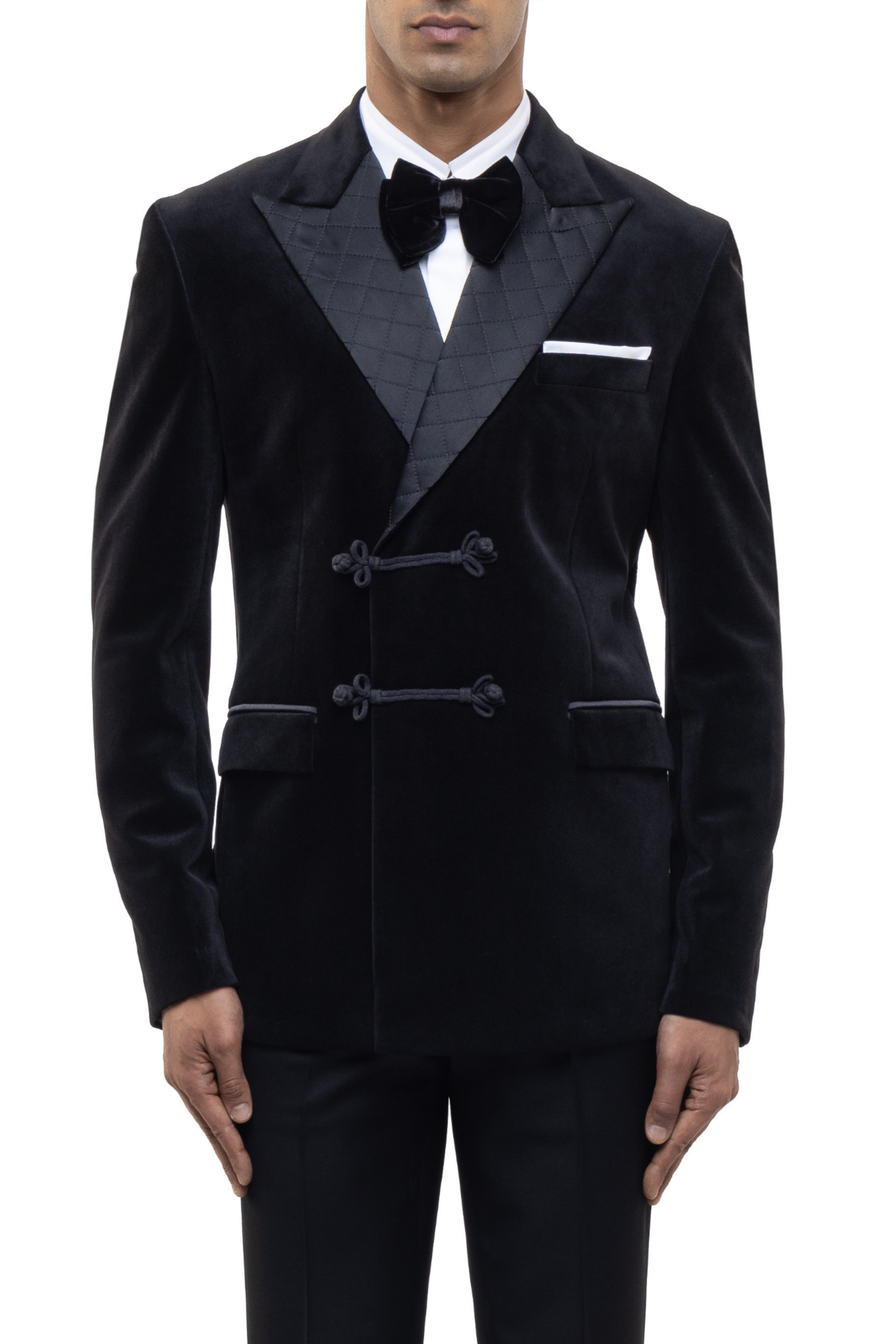 Black Velvet Peak Lapel Double Breasted Knot Closure Tuxedo Set