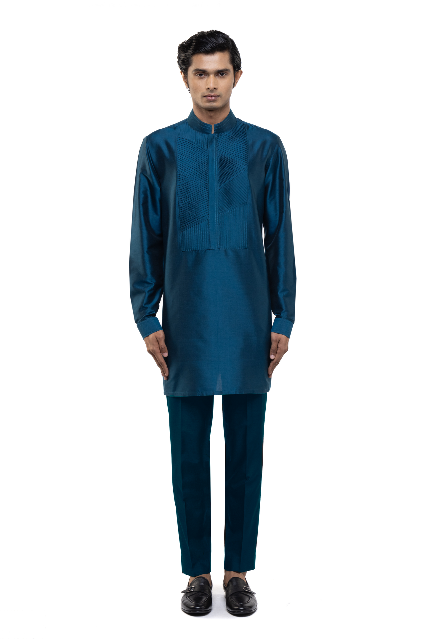 Teal Blue Silk Pleated Placket Kurta Set