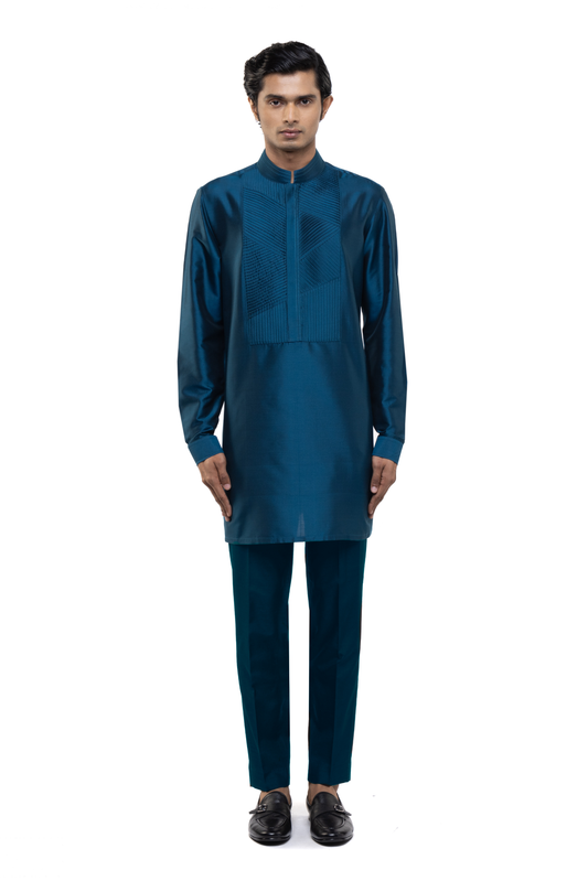 Teal Blue Pleated Placket Kurta Set