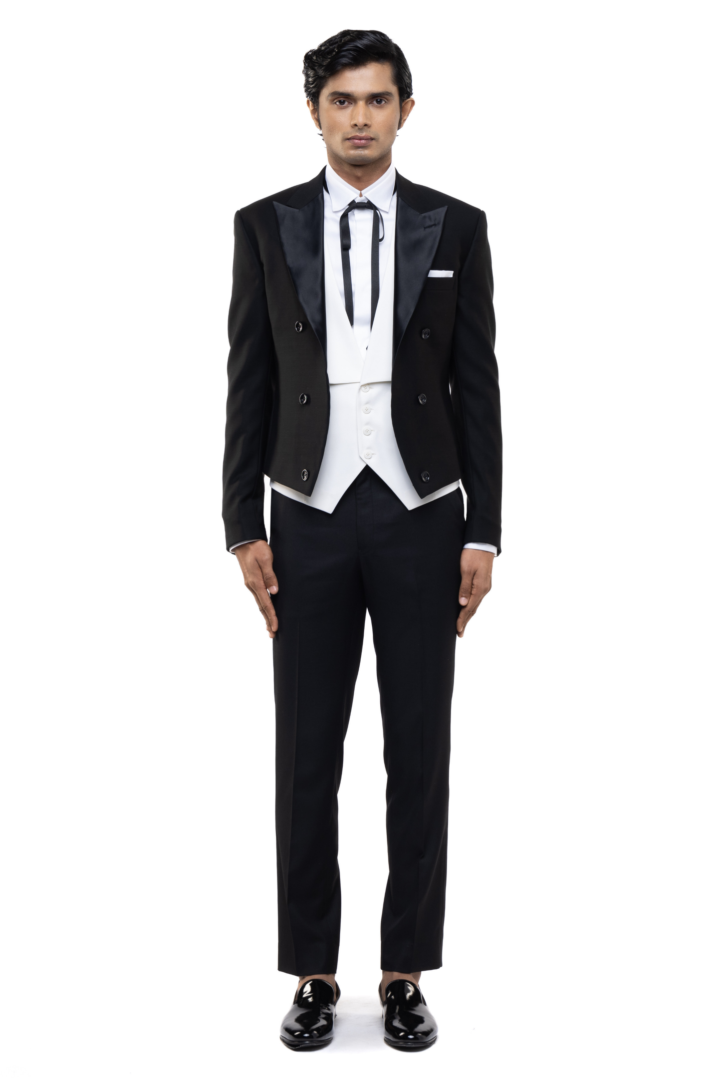 Black Satin Peak Lapel Cropped Tuxedo Set