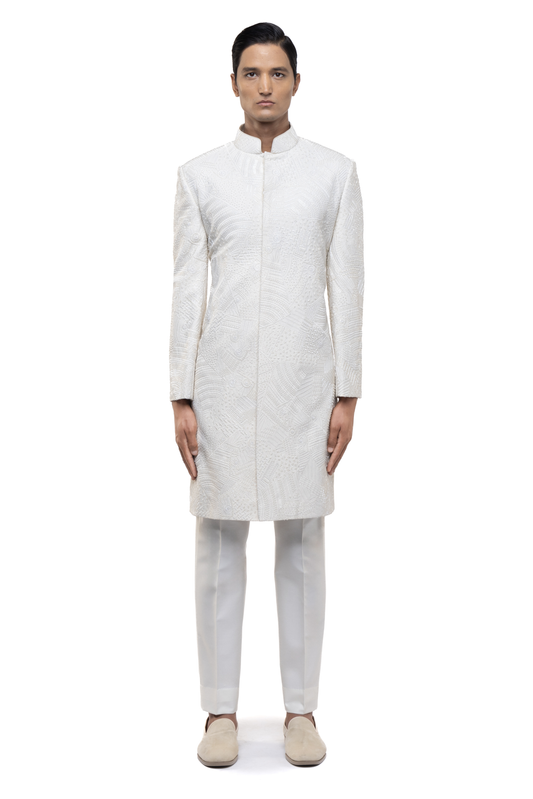 White Silk Sequin Embroidered Modern Sherwani Set