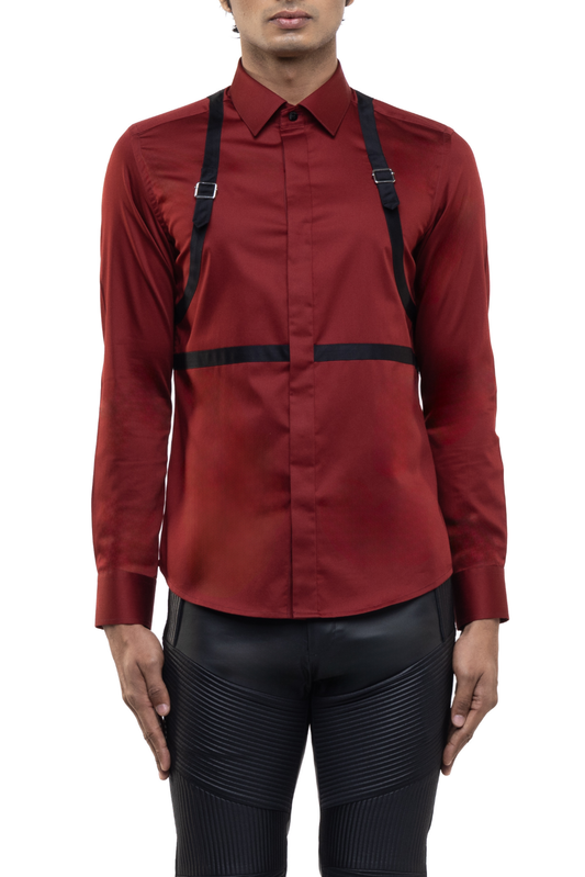 Maroon Cotton Shirt with Black Chest & Shoulder Harness