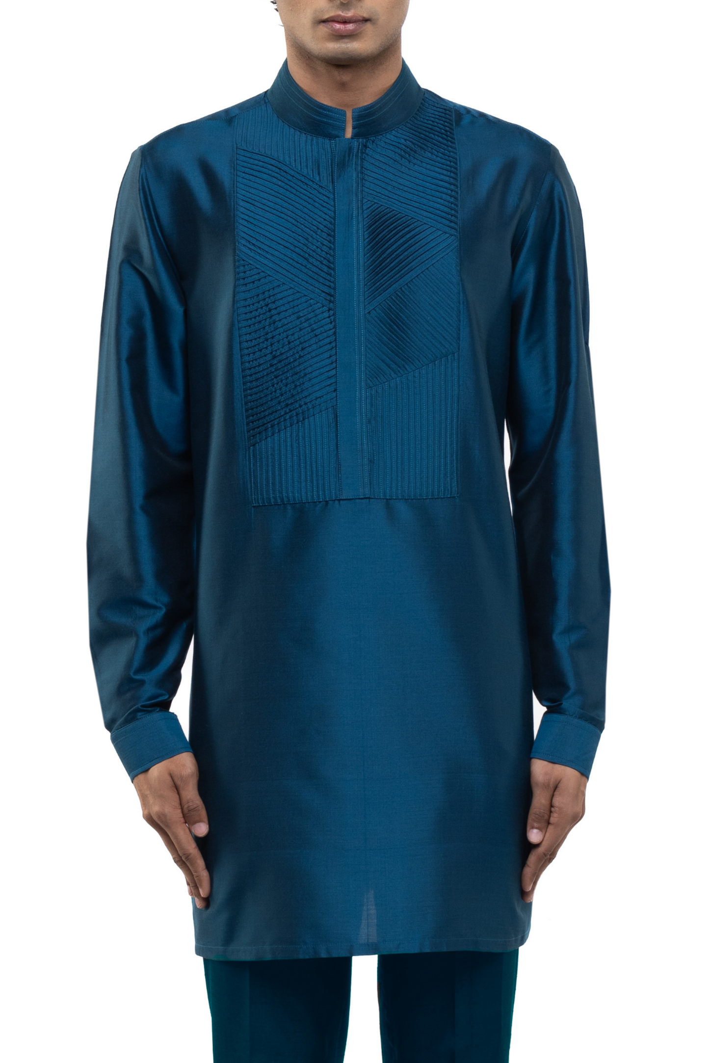 Teal Blue Silk Pleated Placket Kurta Set